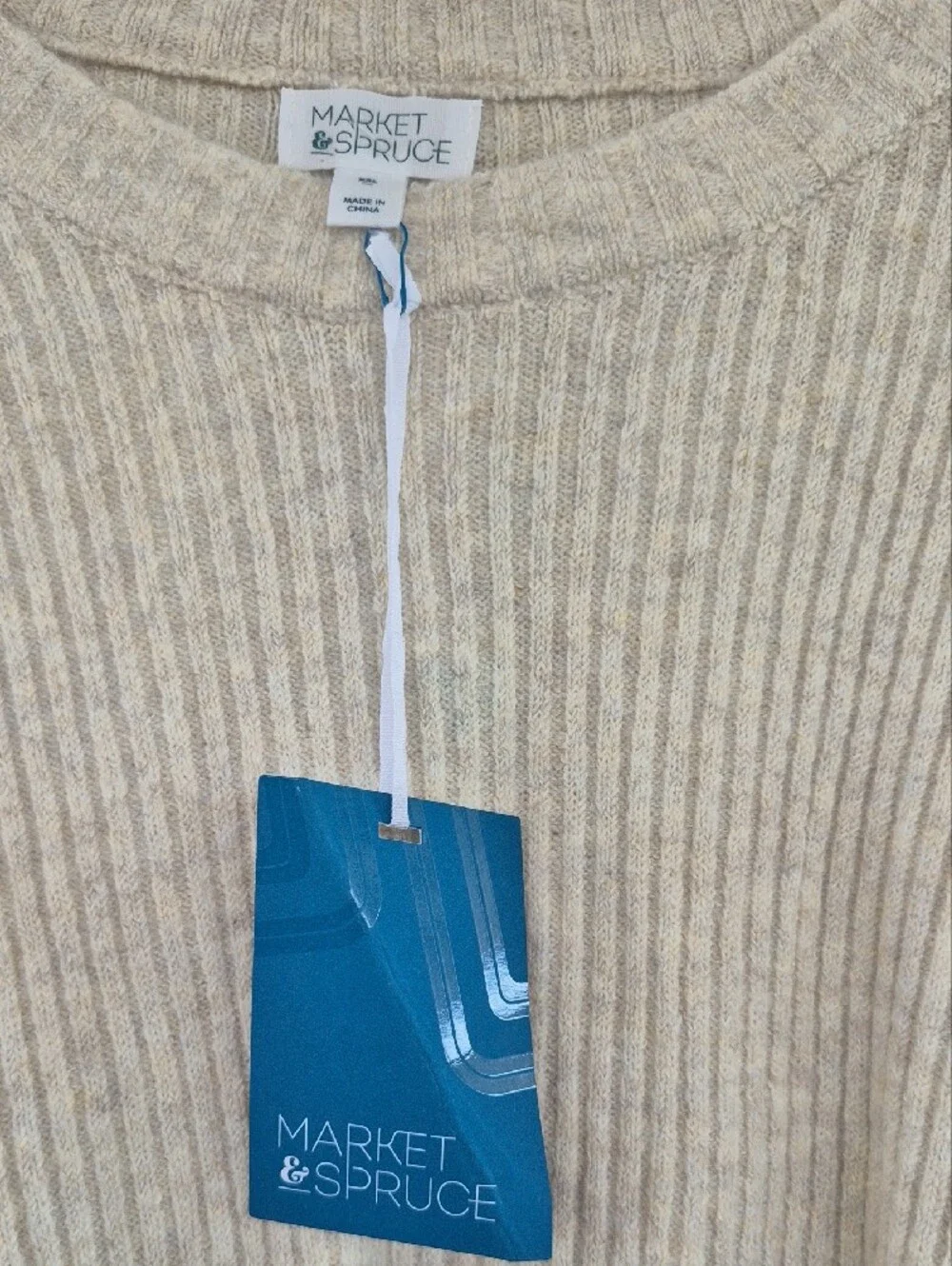 Market & Spruce Beige Ribbed Crew Neck Sweater